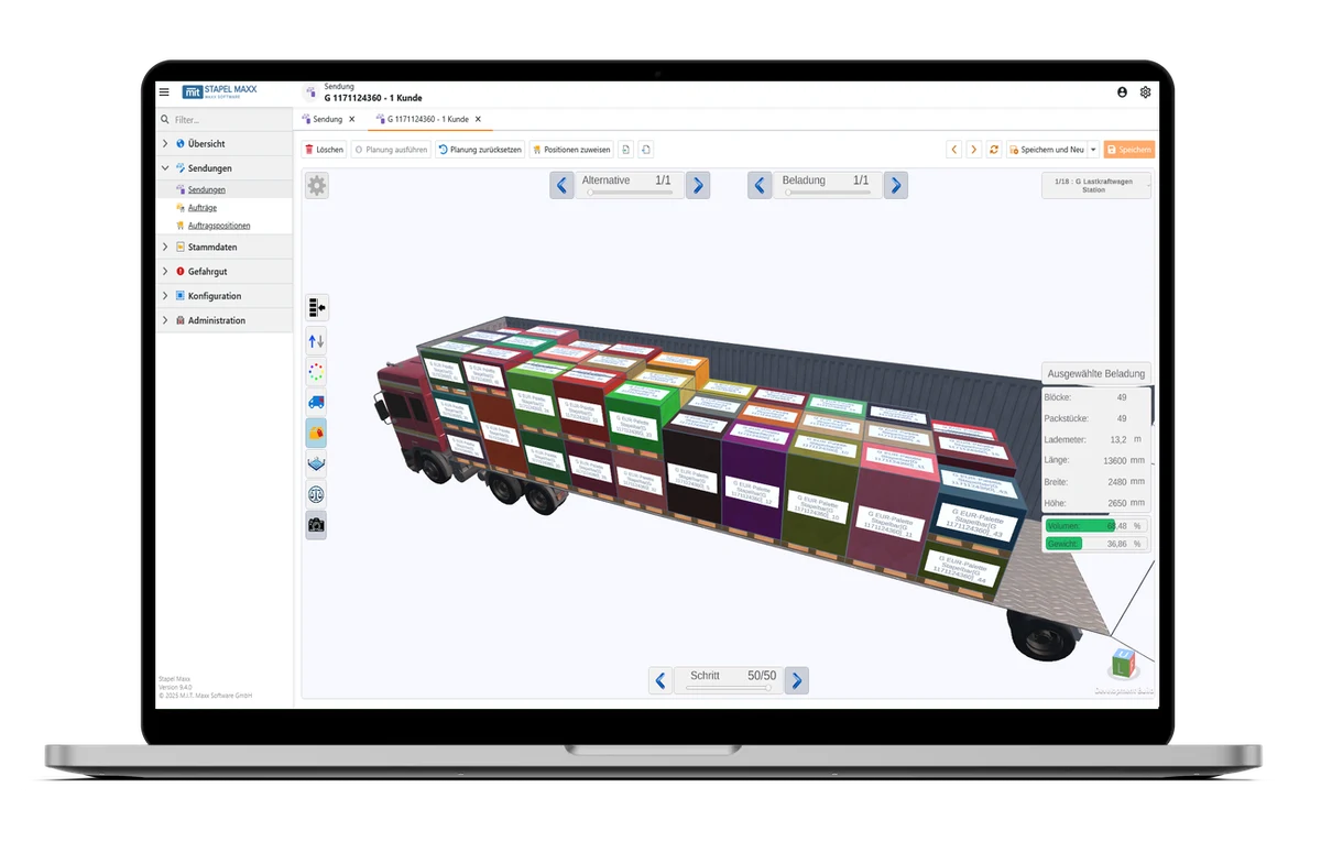 STAPEL MAXX – 3D-Beladung eines LKW mit beschrifteten Lademitteln